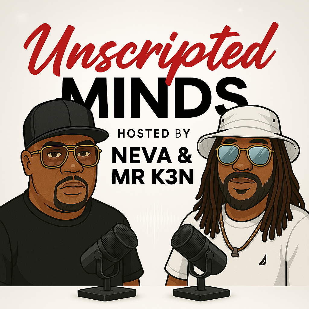 Unscripted Minds podcast cover art hosted by Neva and MR K3N